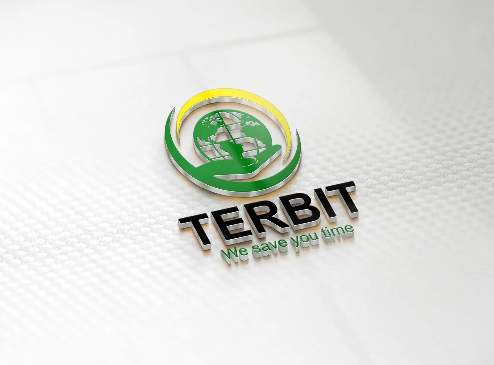 Terbit logo rendered in three dimensions on a textured white surface