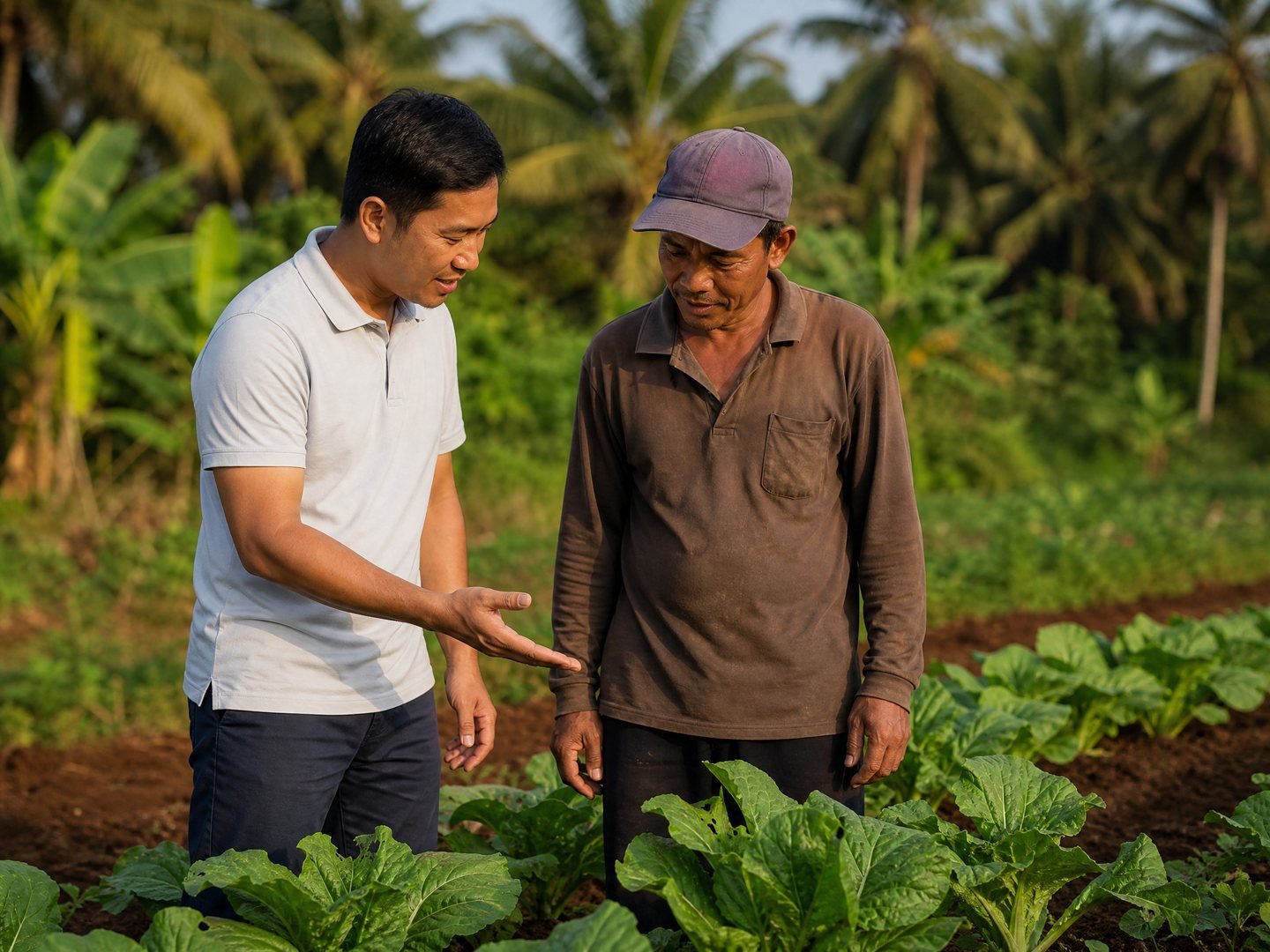 A Terbit agronomist and a Malaysian smallholder farmer inspecting soil together in the field