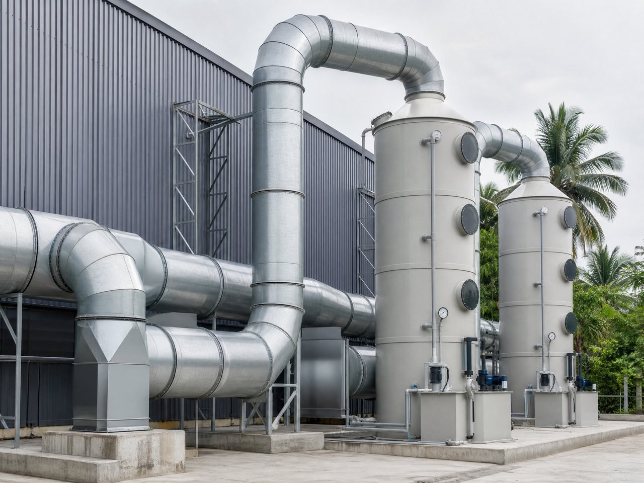 Industrial air handling and deodorisation ductwork inside the enclosed Terbit production facility