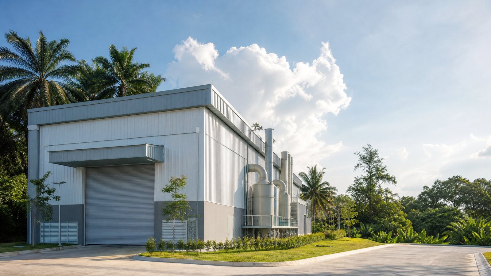 Exterior of a modern enclosed bioconversion facility in a tropical Malaysian setting