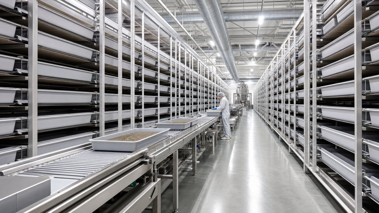 Interior of the enclosed Terbit bioconversion production facility with stacked rearing trays