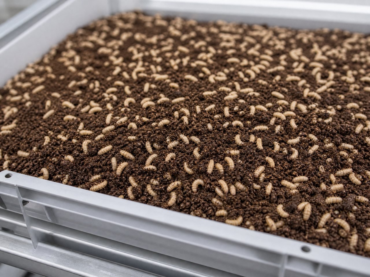 Live black soldier fly larvae actively converting organic substrate in a rearing tray