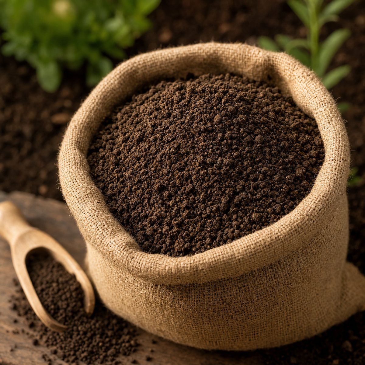 Close macro view of dark brown organic fertilizer granules made from black soldier fly frass
