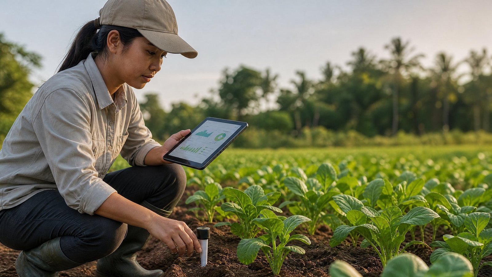 Agronomist reviewing soil analysis data on a tablet at the edge of a Malaysian field